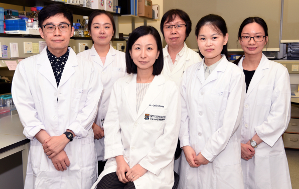 Dr Lydia Cheung, Assistant Professor of the School of Biomedical Sciences, HKUMed (Centre) and her research team members.
